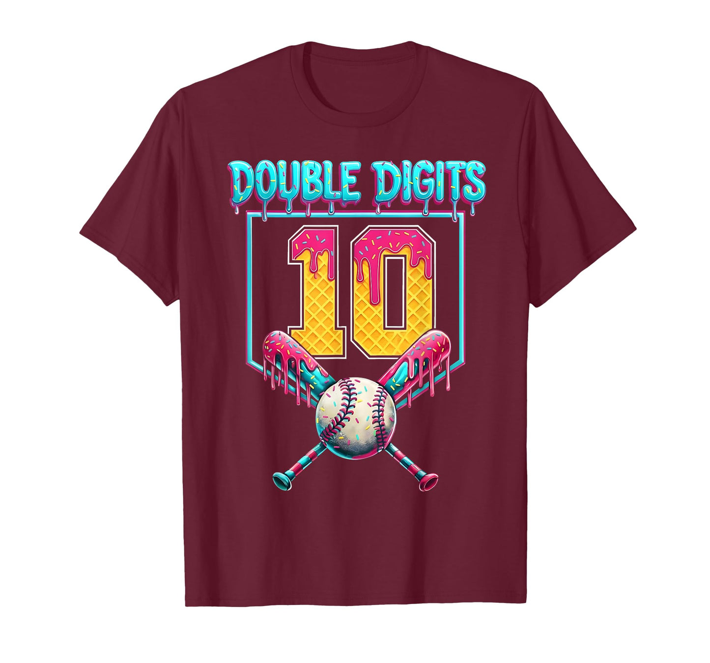 Baseball 10th Birthday Ice Cream Drip for Boys Girls Kids T-Shirt