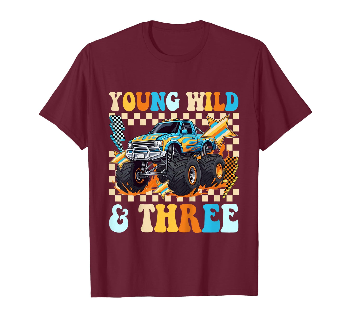 3rd Birthday Monster Truck Young Wild and Three Checkered T-Shirt