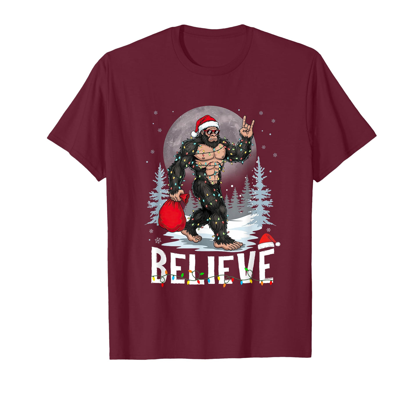 Believe Bigfoot Christmas Light Santa Sasquatch Rock Men Boy T-Shirt