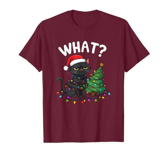 Funny Black Cat What? Christmas Tree Funny Cat Lover T-Shirt