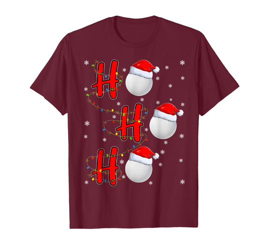 Golf Ball Santa Hat HO HO HO Men Women Christmas Xmas Lights T-Shirt