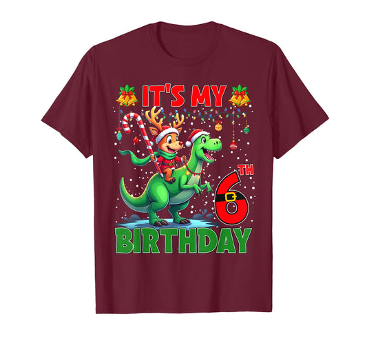 It’s My 6th Birthday Xmas Reindeer Riding Dinosaur Christmas T-Shirt