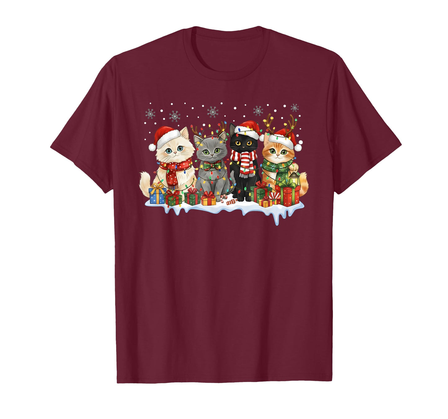 Cat Christmas Light Reindeer Santa Hat Cat Lover Xmas Women T-Shirt