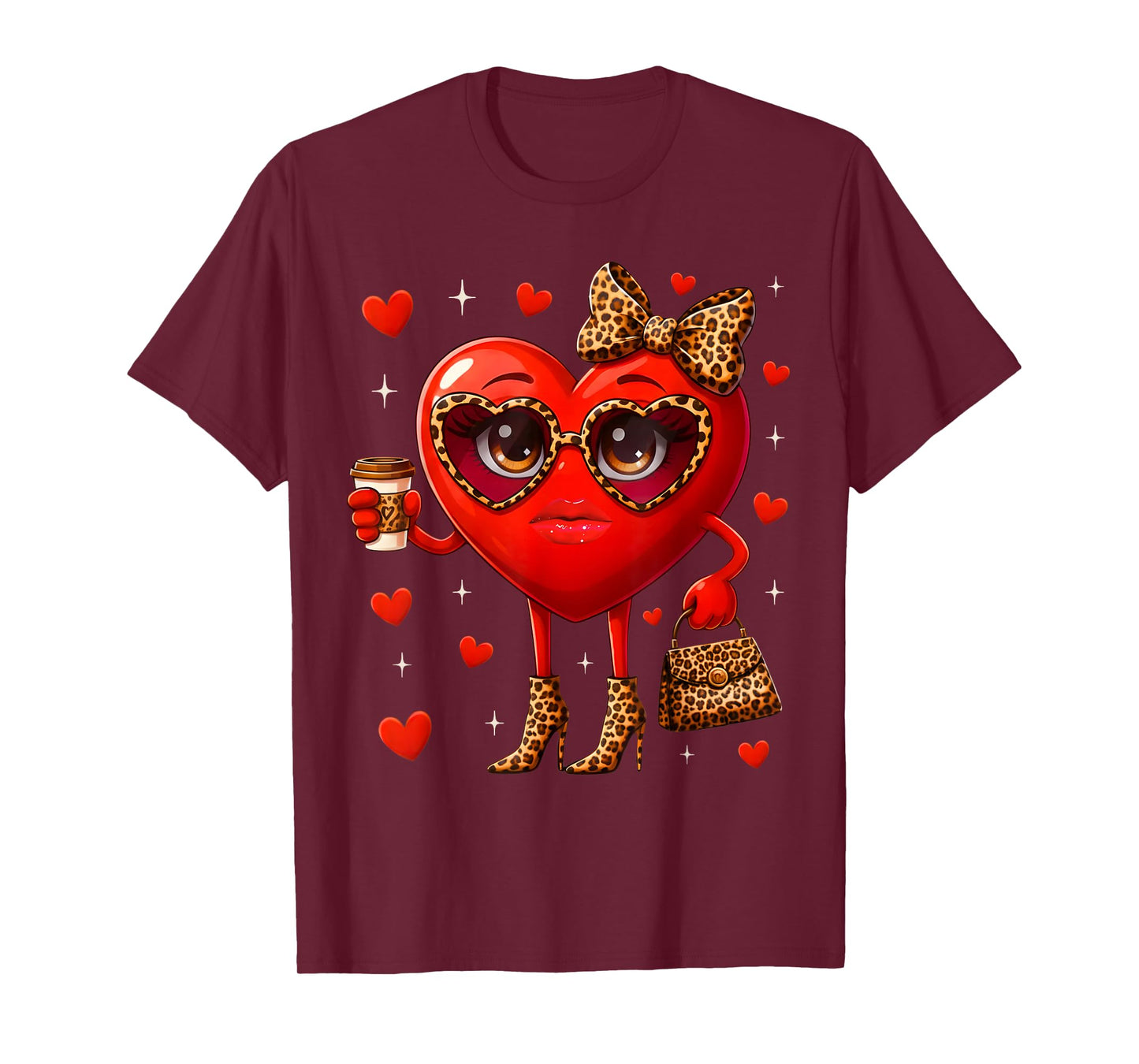 Leopard Heart Drinking Coffee Valentines Day Women Love T-Shirt