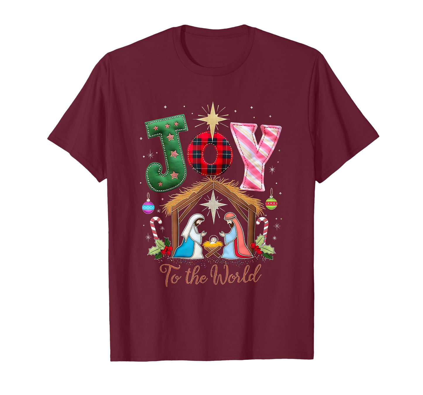 Joy to The World Patchwork Nativity Christmas T-Shirt
