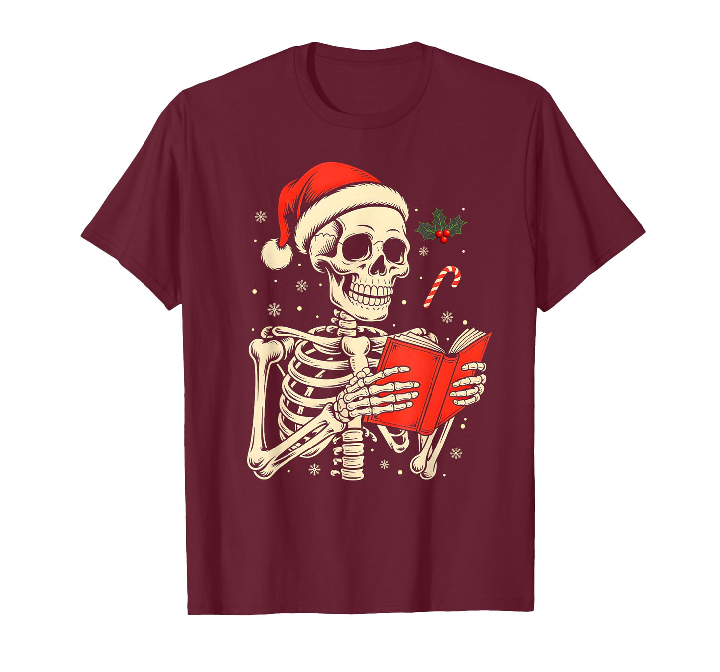 Skeleton Reading Book Christmas Teacher Librarian Book Lover T-Shirt