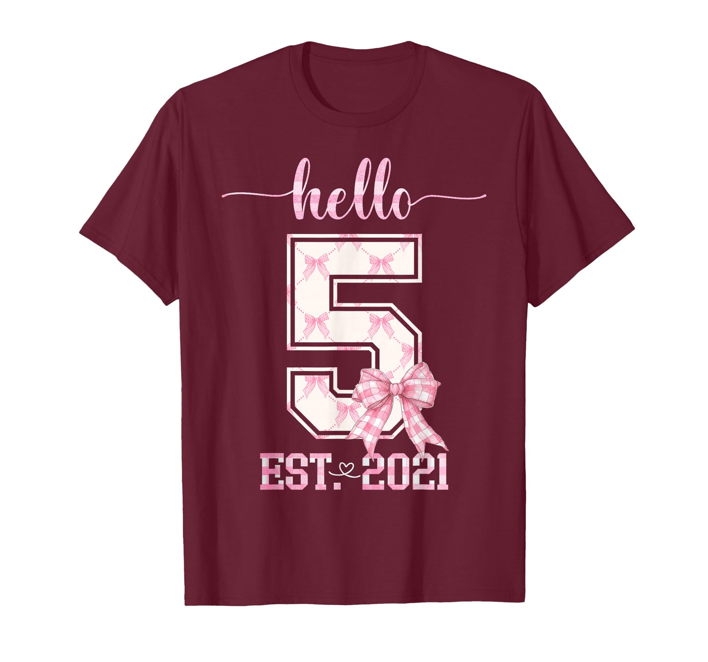 Hello 5 Est 2021 5th Birthday Girl Cute Pink Coquette Bow T-Shirt