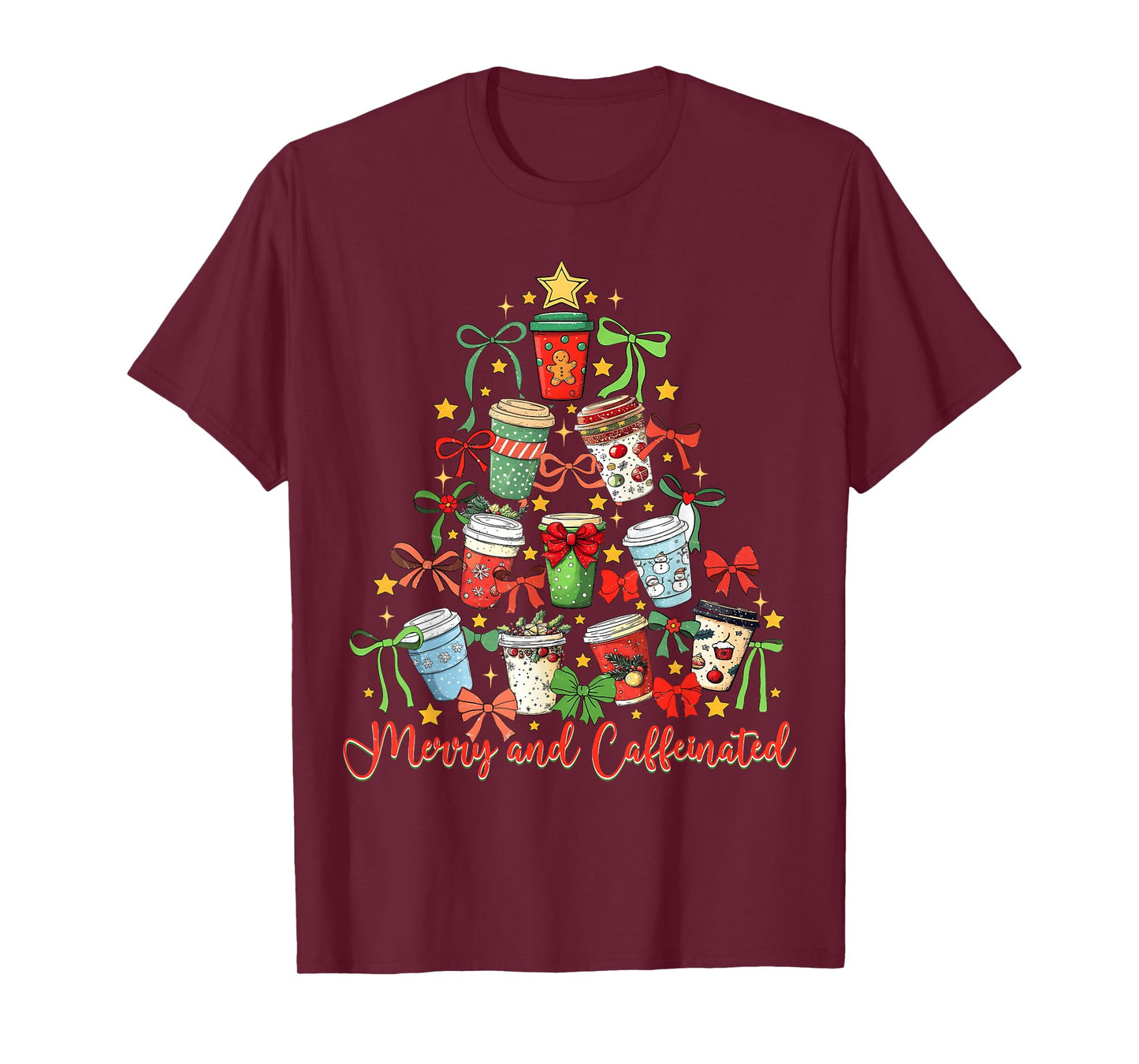 Merry and Caffeinated Coquette Bow Coffee Christmas Tree T-Shirt