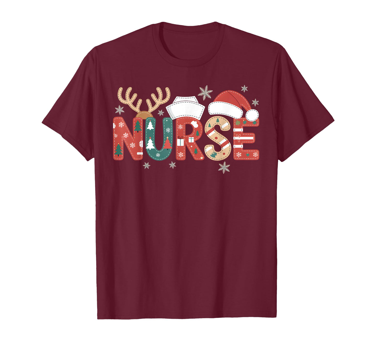 Nurse Christmas Patchwork Reindeer Santa Hat Holiday Lights T-Shirt