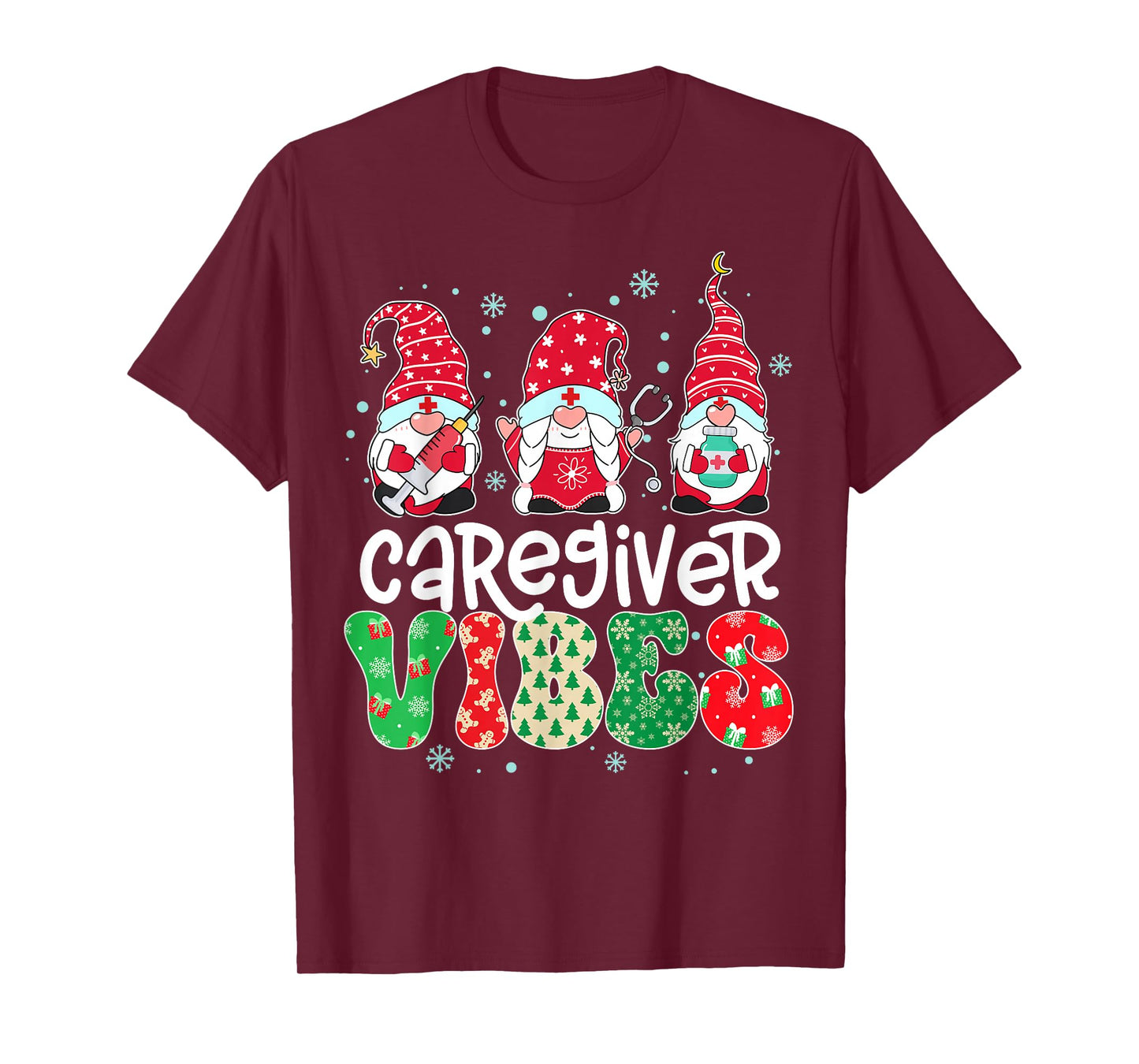 Caregiver Vibes Gnome Nurse Xmas Light Stethoscope Christmas T-Shirt