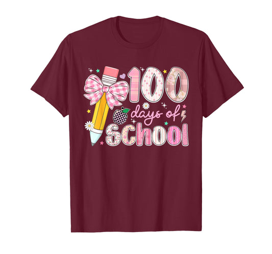 100 Days of School Girls Coquette Bow Pencil 100th Day T-Shirt