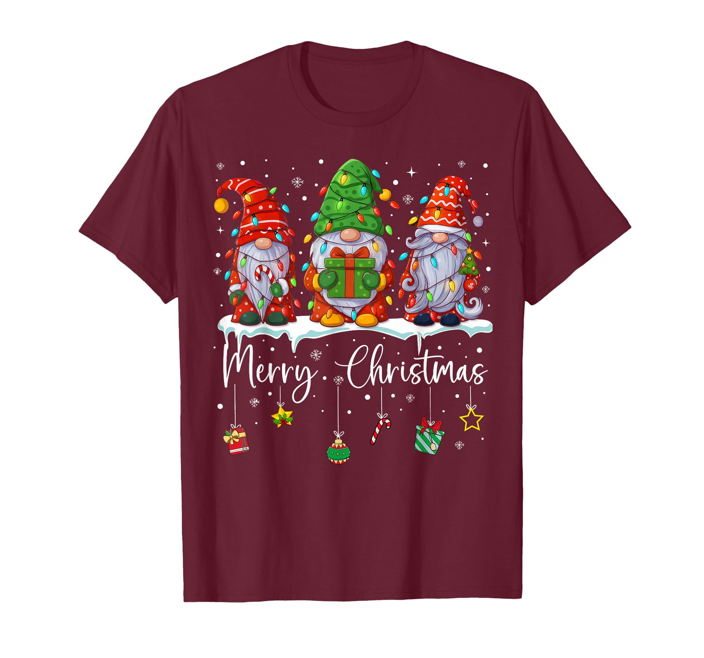 Cute Christmas Gnomes with Lights Merry Christmas T-Shirt