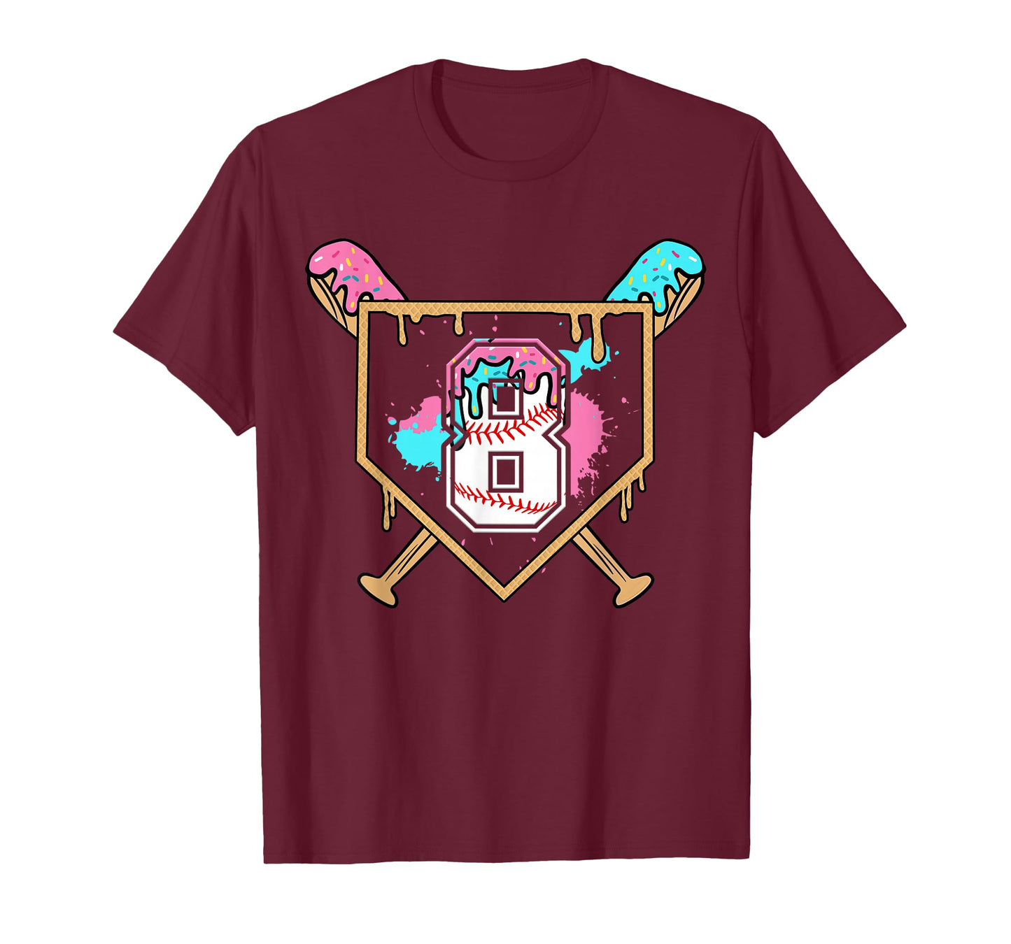8th Birthday Baseball Bat Ice-Cream Drip 8yrs Old Boys Girls T-Shirt