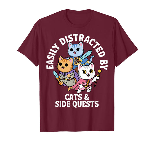 Easily Distracted by Cats & Side Quests Role-Playing Fantasy T-Shirt