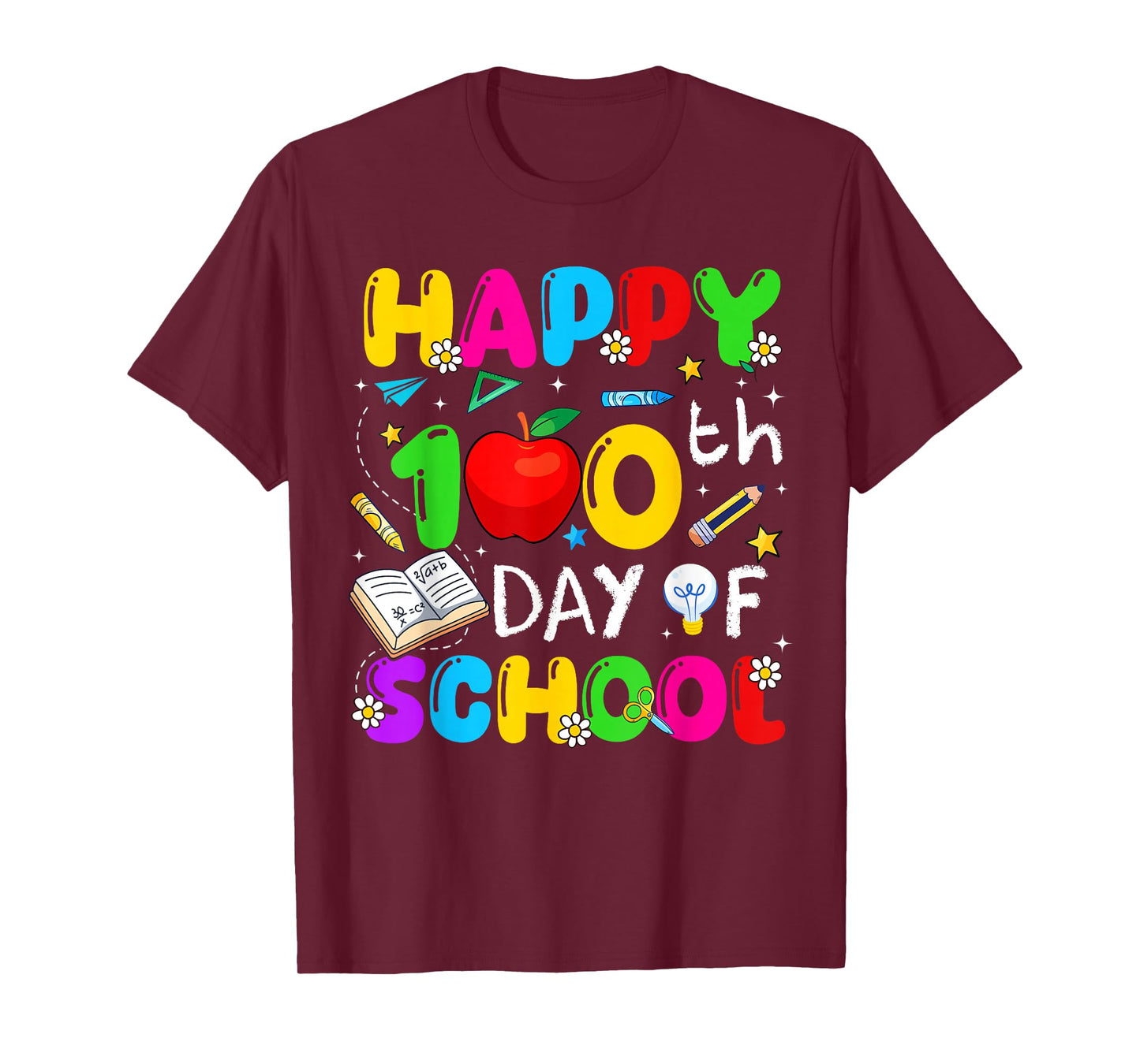 Happy 100 Days of School Apple Crayon Teacher Boy Girl Kids T-Shirt