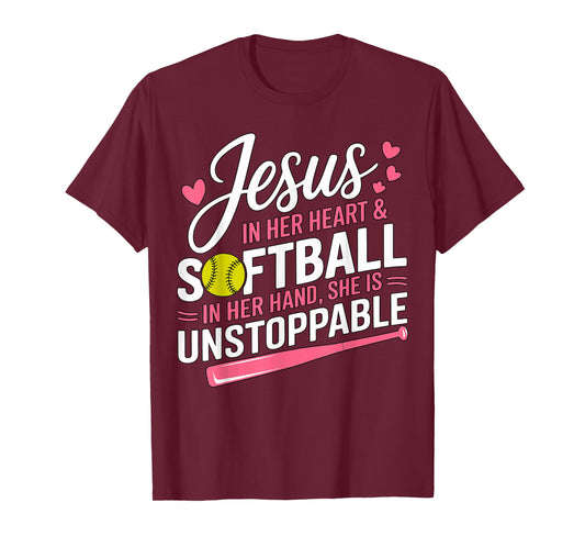 Jesus in her Heart and Softball in her Hand Softball Girl T-Shirt
