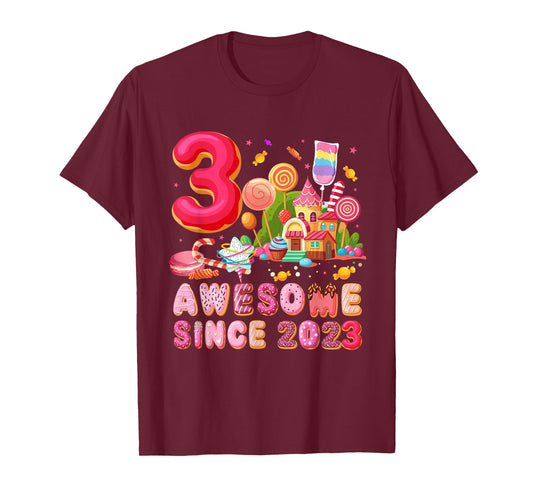 Awesome Since 2023 Candy Theme 3 Year Old Girl Birthday T-Shirt