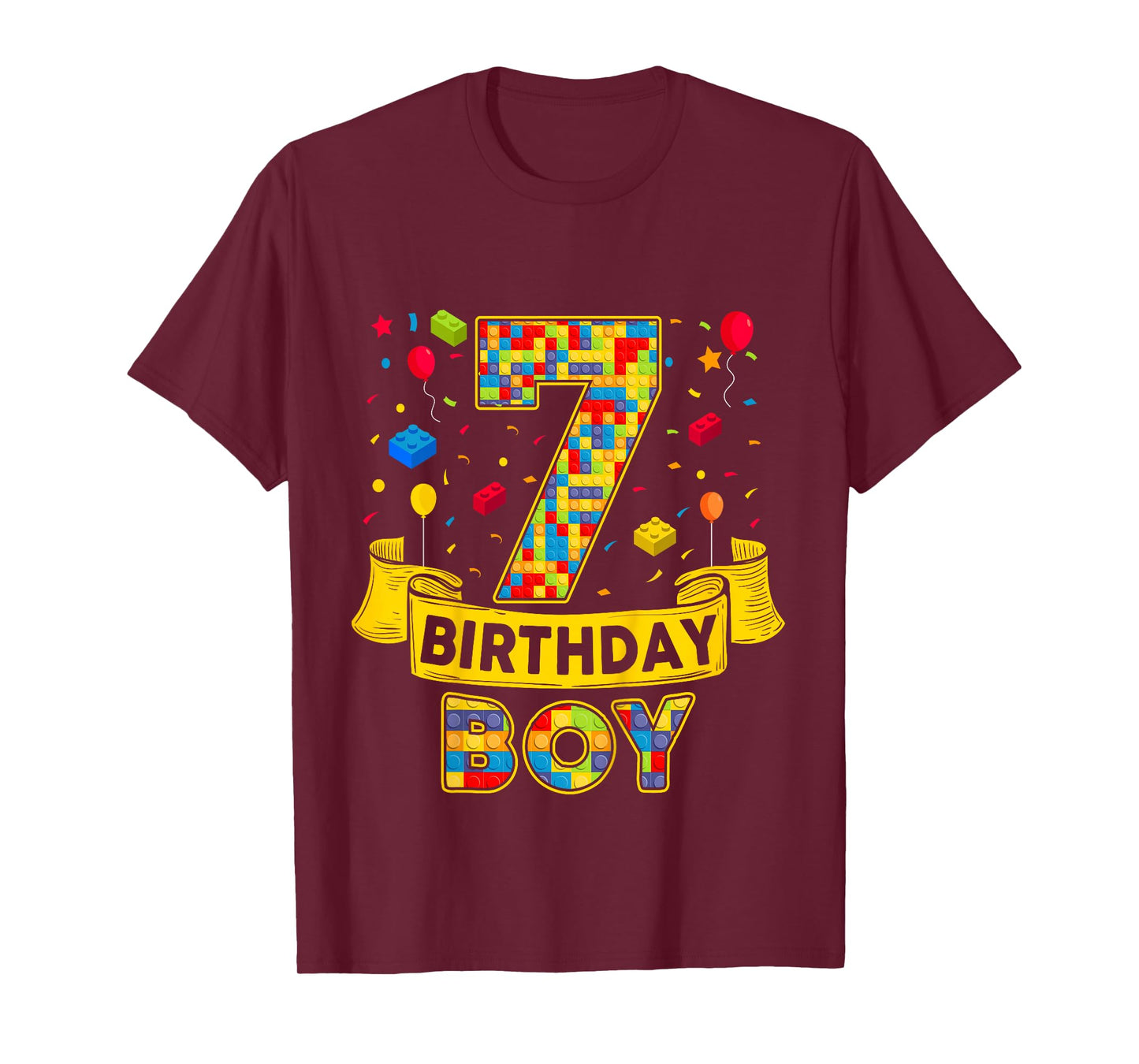 7th Birthday Boy Brick Block Seven Bday 7yr Old Birthday Boy T-Shirt