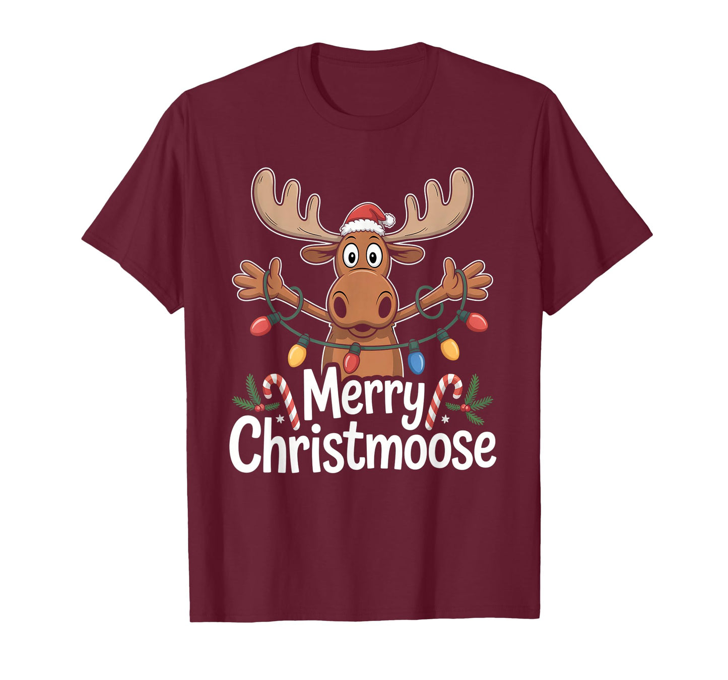 Merry Christmoose Christmas Tree Lights Santa Hat Moose T-Shirt