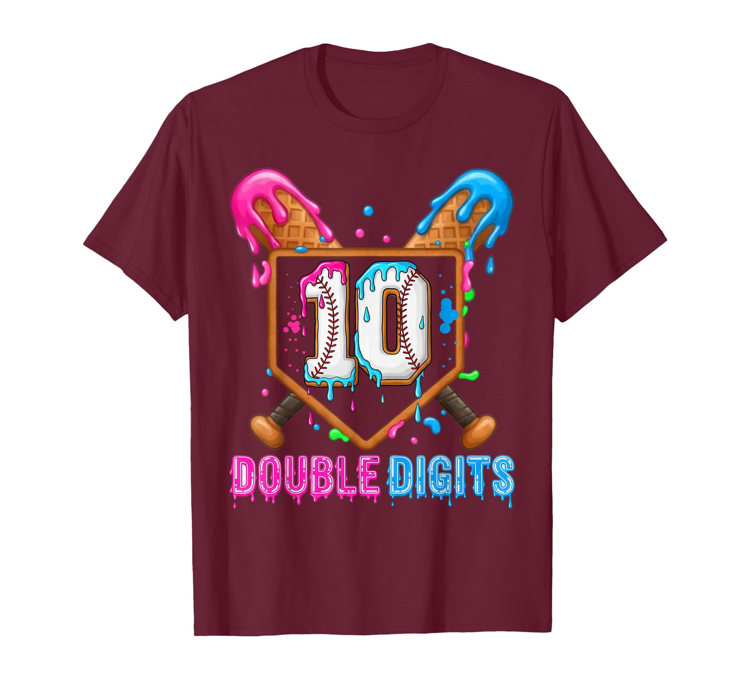 Baseball Drip 10th Birthday Boy Double Digits Ice Cream Drip T-Shirt