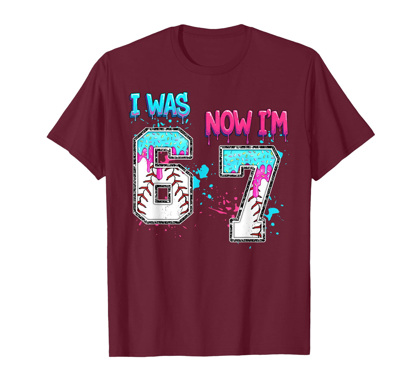 7th Birthday I was 6 Now I'm 7 Baseball Ice Cream Drip T-Shirt