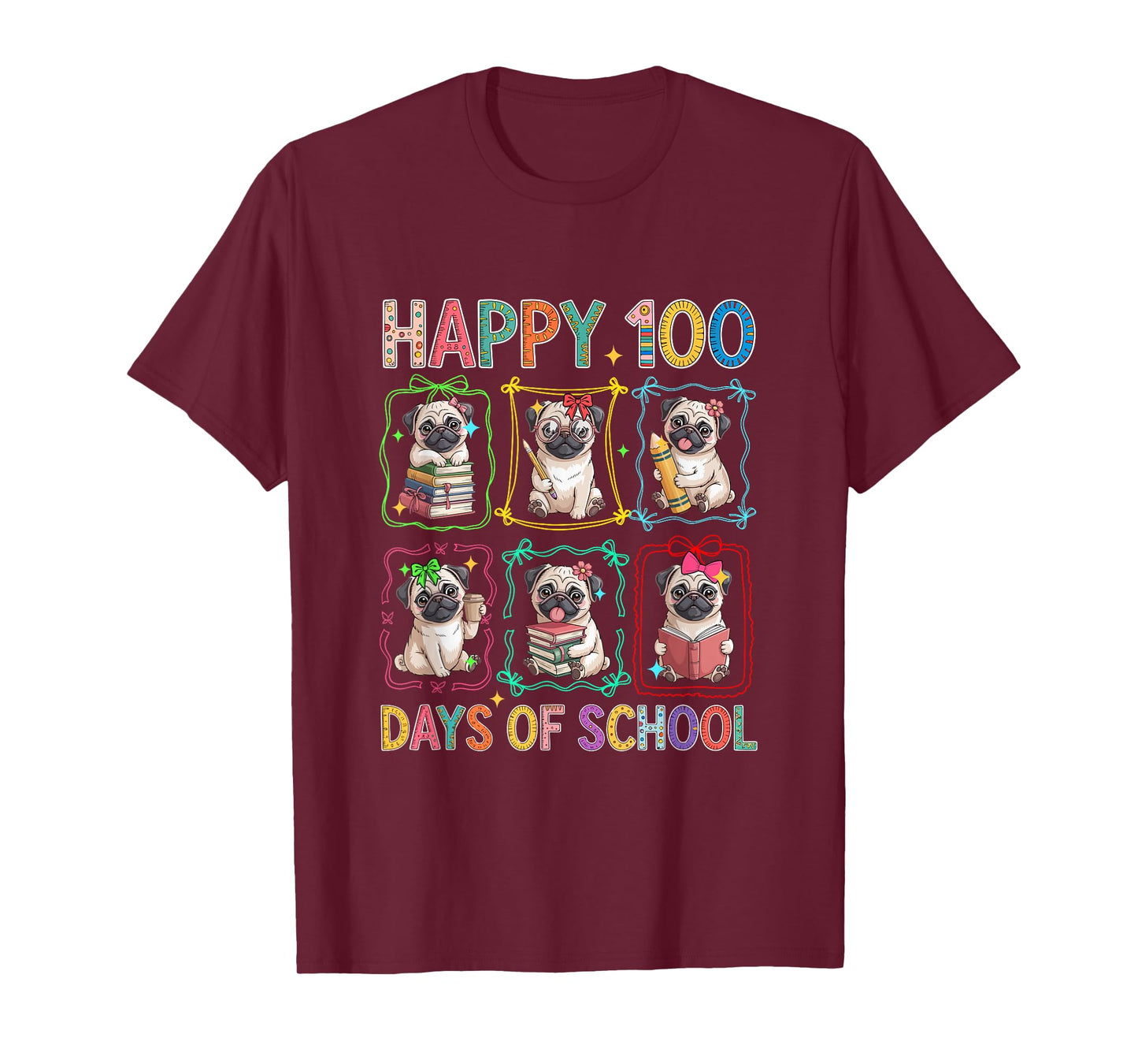Happy 100 Days of School Colorful Group Pugs Students Kids T-Shirt