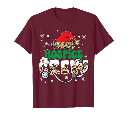 Hospice Crew Nurse Leopard Santa Hat Stethoscope Christmas T-Shirt