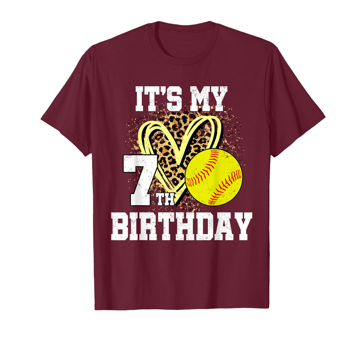 It's My 7th Birthday Softball Leopard 7 Year Old Birthday T-Shirt