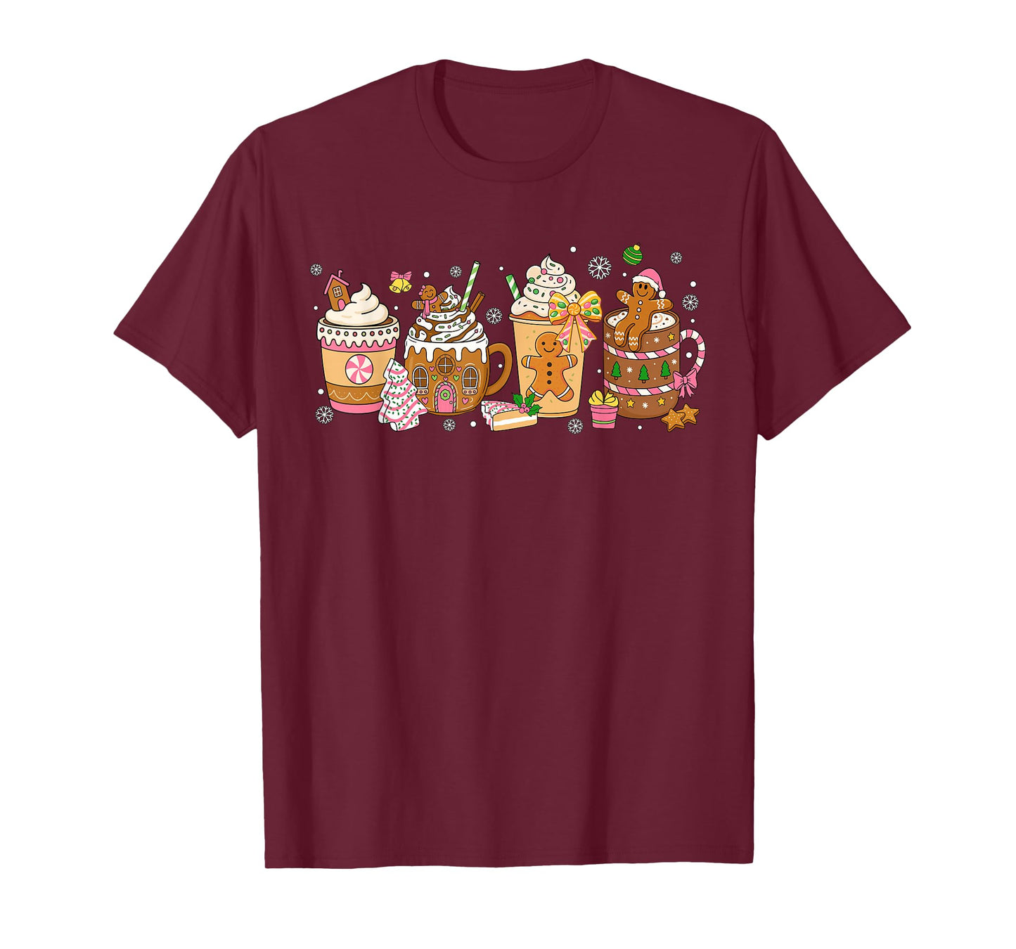 Gingerbread Cookie Christmas Coffee Cups Latte Drink Women T-Shirt