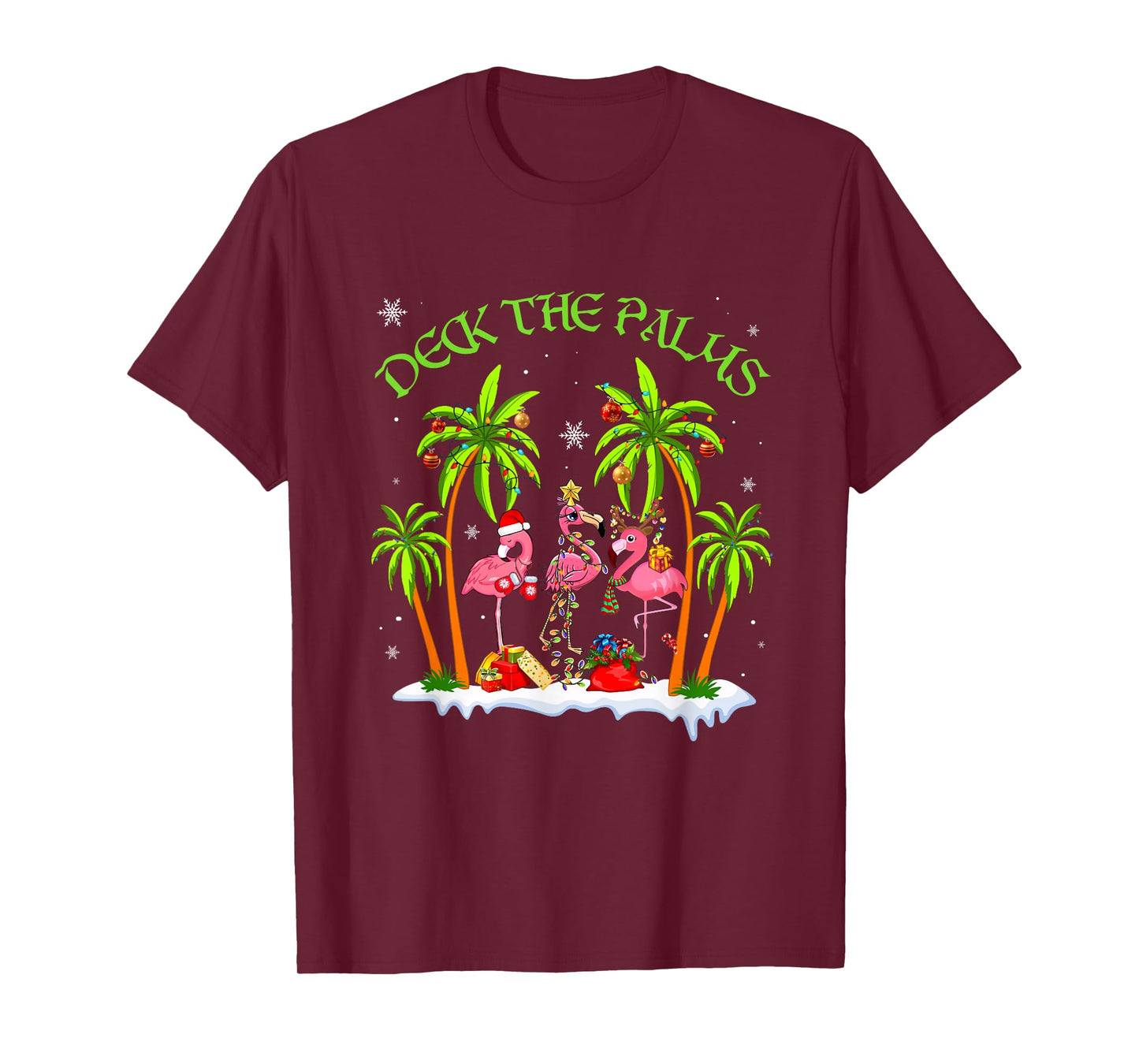Deck The Palms Tropical Christmas Flamingo Santa Palm Tree T-Shirt