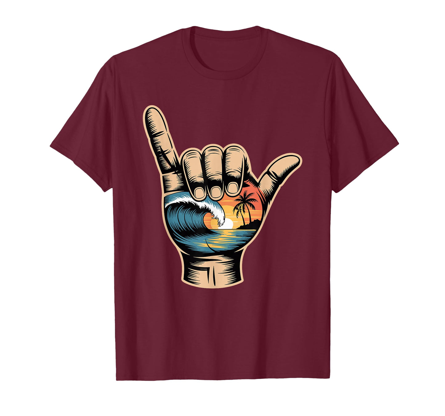 Hand Sunset Wave Vintage Palm Trees Ocean Retro Beach Summer T-Shirt