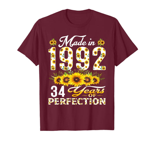 34 Year Old Made in 1992 Sunflower 34th Birthday Women T-Shirt