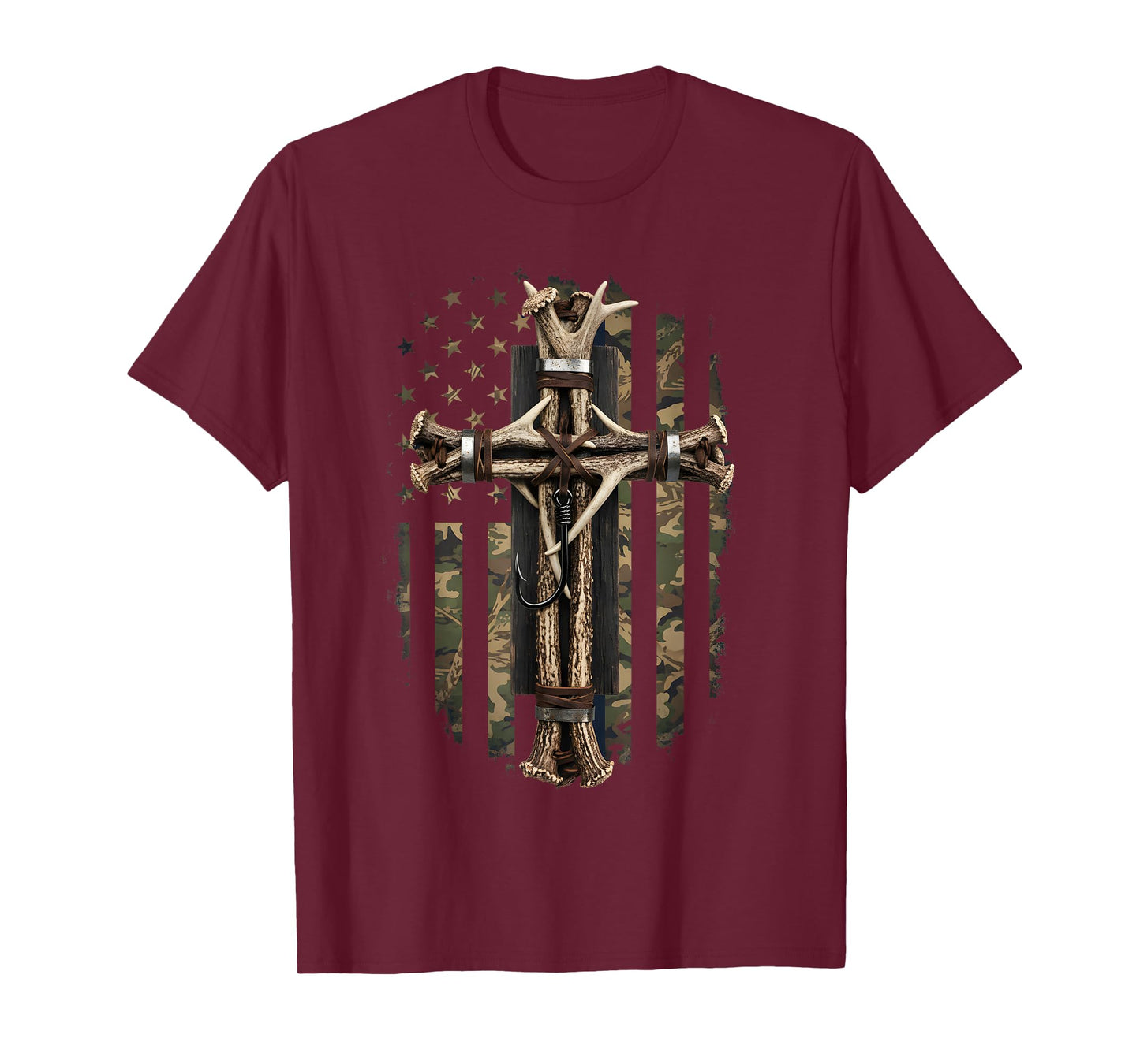 Camouflage Cross Deer Horn Fish Hook Hunting Christian Bible T-Shirt