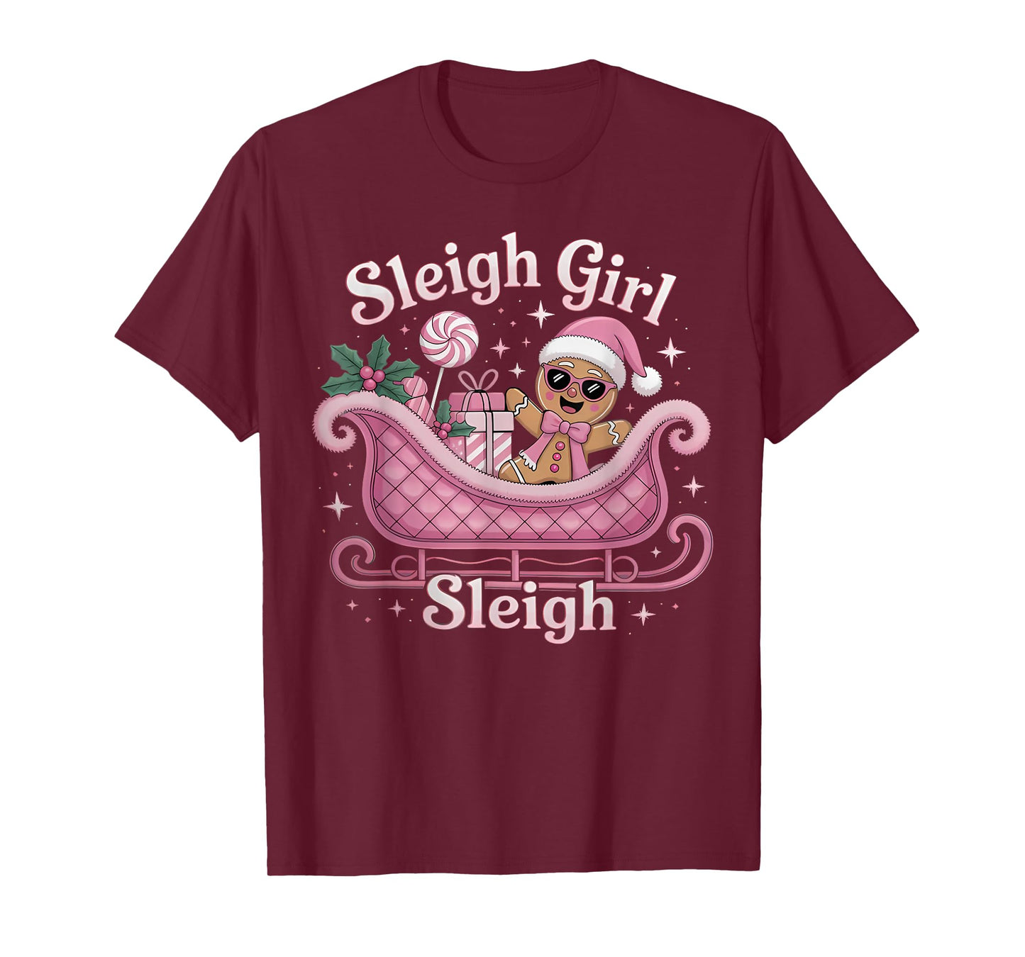 Groovy Pink Christmas Candy Sleigh Girl Gingerbread Holiday T-Shirt