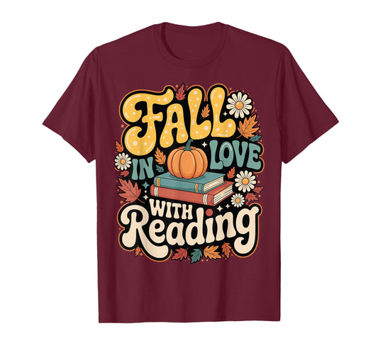 Fall in Love with Reading Autumn Librarian Cute Book Lover T-Shirt