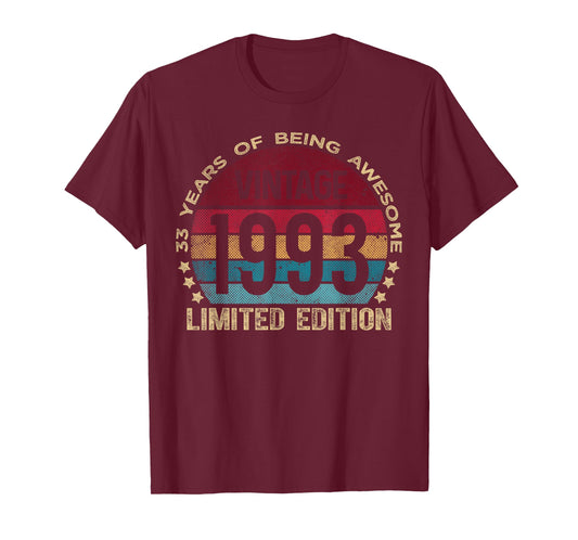33 Year Old Gifts Vintage 1993 Limited Edition 33rd Birthday T-Shirt