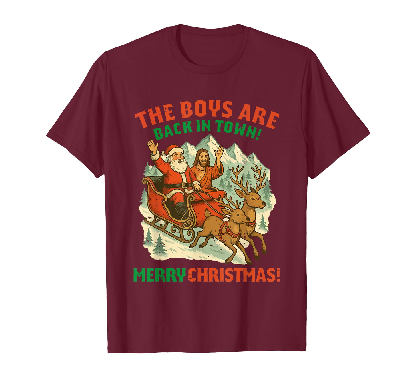 Retro Funny Santa Jesus The Boys are Back in Town Christmas T-Shirt
