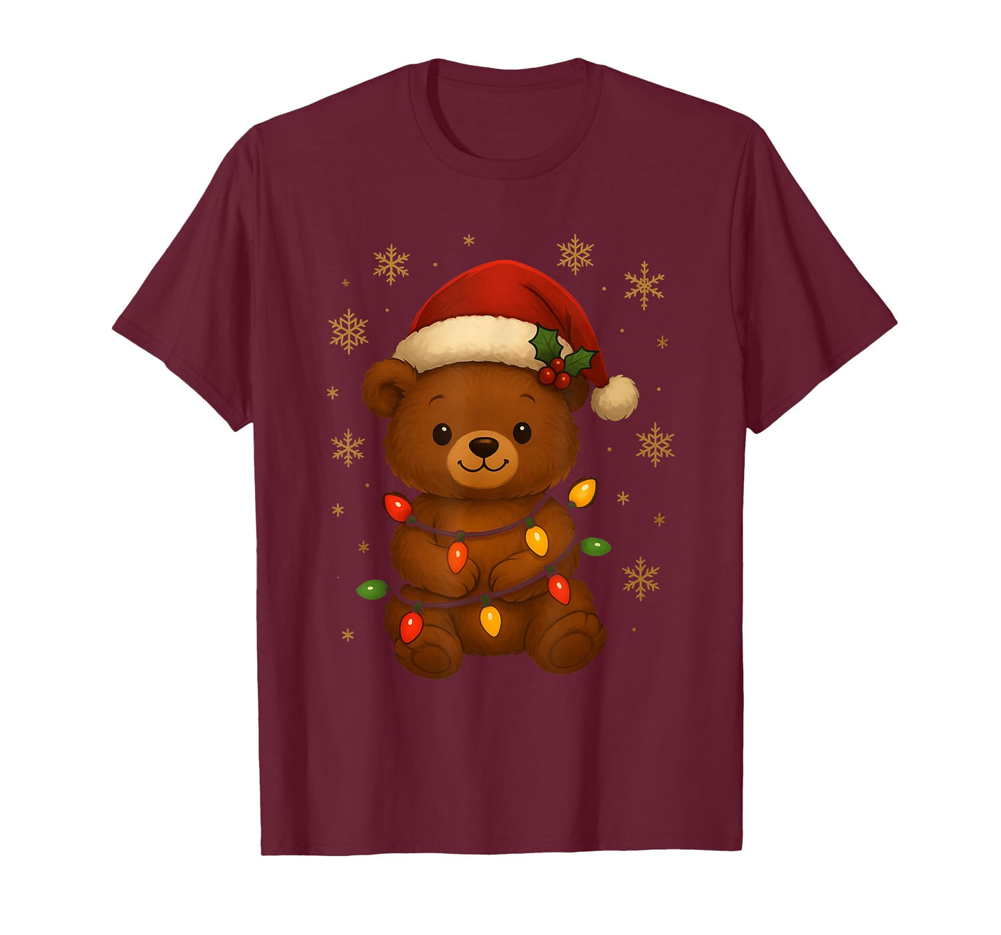 Cute Teddy Bear Christmas Tree Lights Santa Hat Funny Xmas T-Shirt