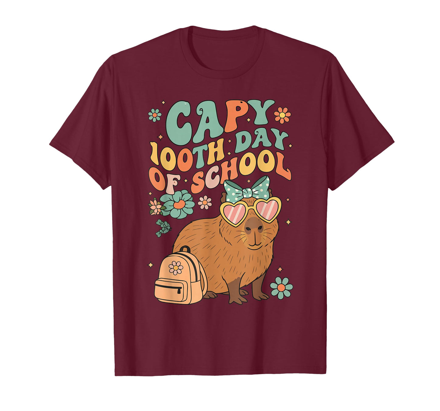 Capy 100th Day of School Groovy Flowers Capybara Design T-Shirt