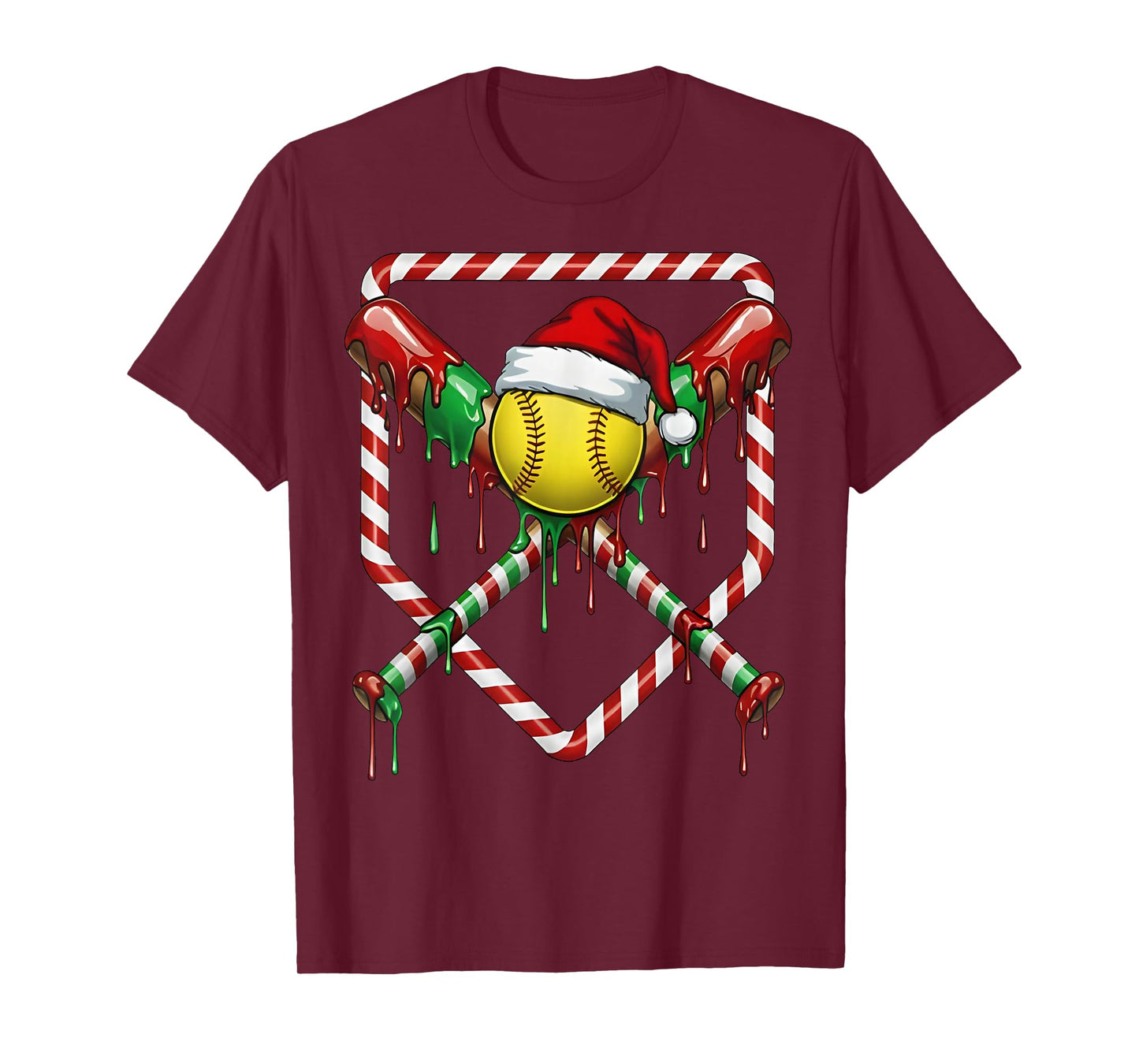 Christmas Softball Santa Hat Ice Cream Drip Men Women Kids T-Shirt