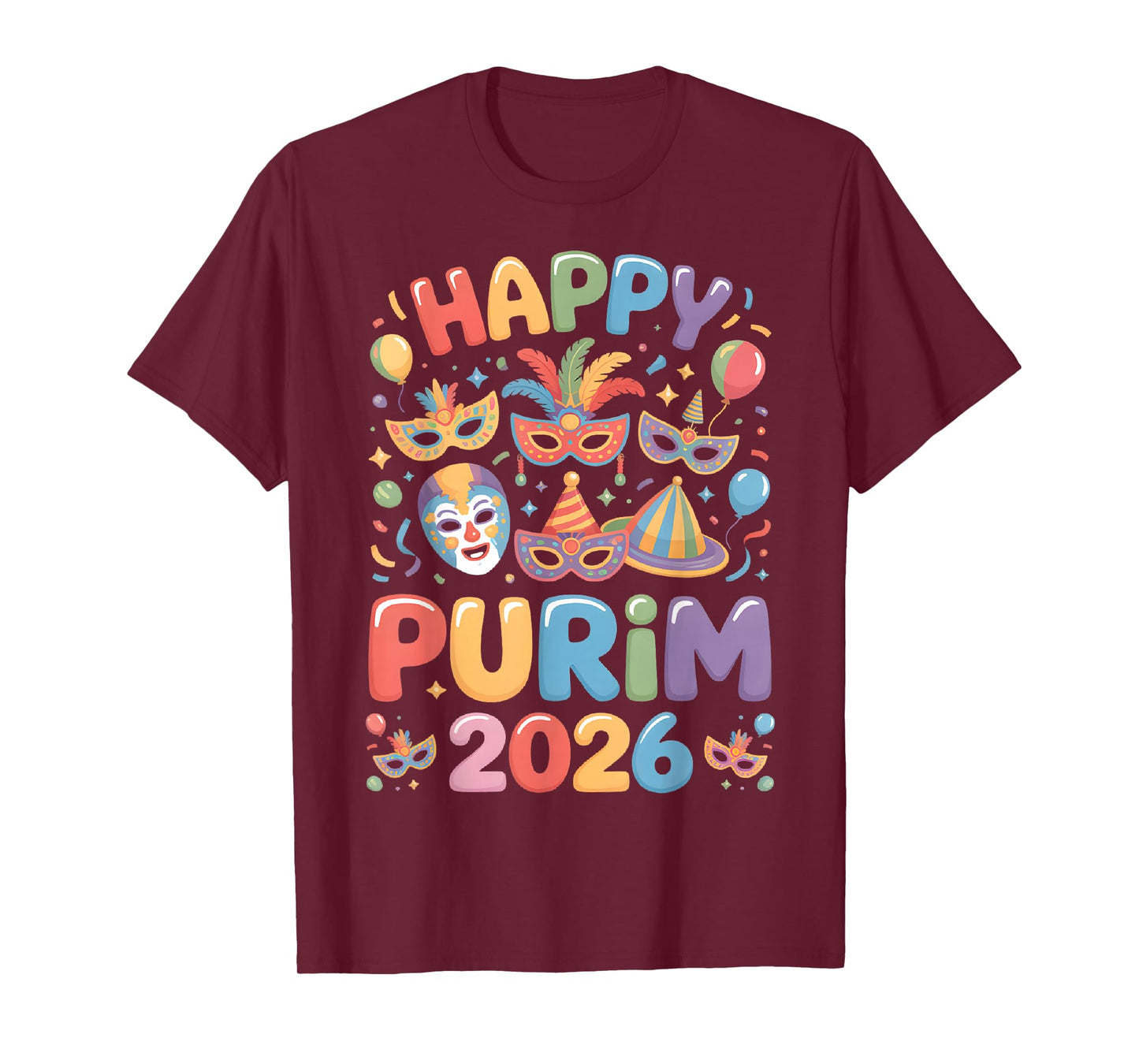 Happy Purim 2026 Festive Masquerade Mask Balloon Party T-Shirt