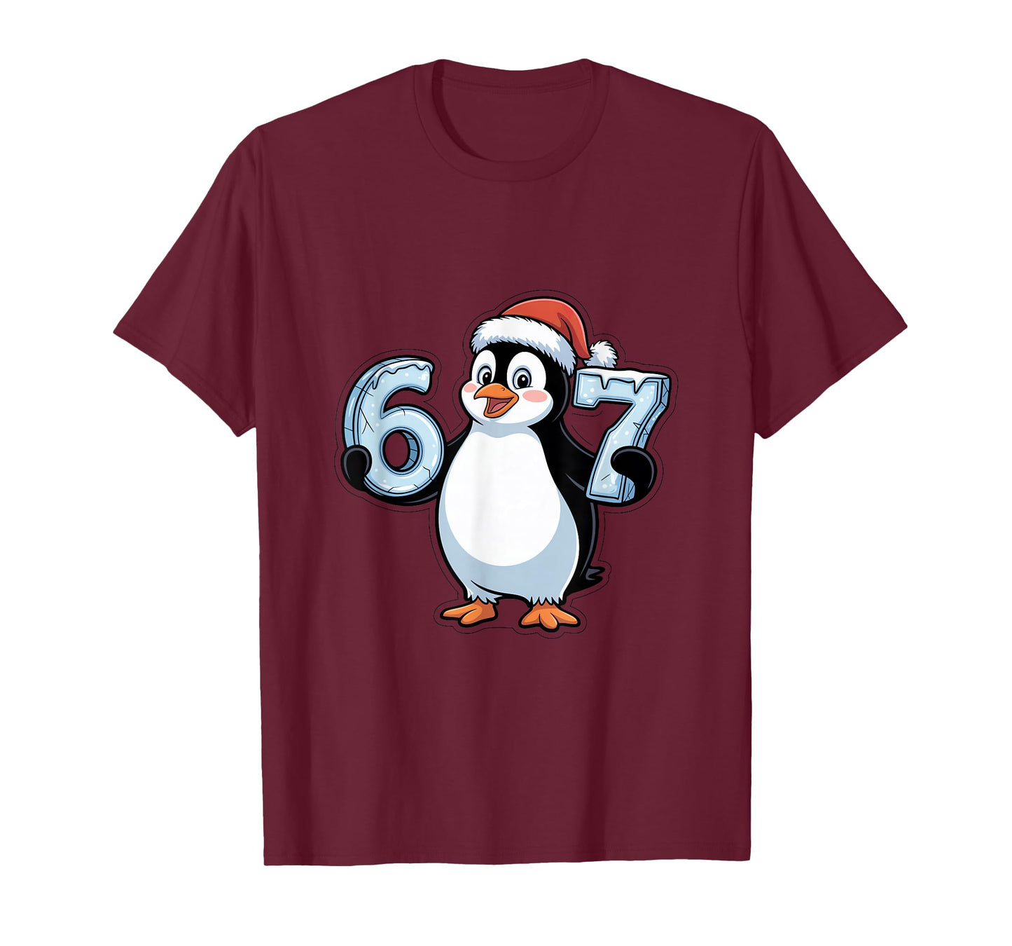 Penguin with Santa Hat Holding 67 Ice Numbers Christmas T-Shirt