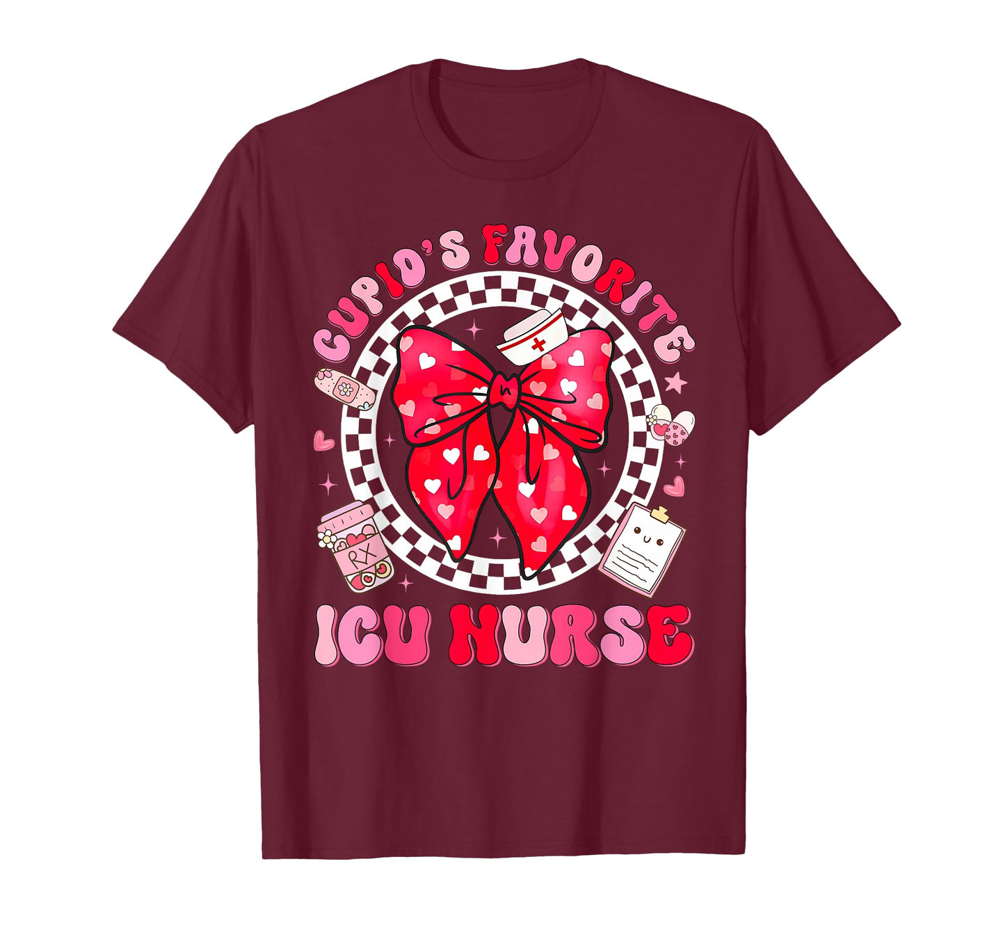Cupid's Favorite ICU Nurse Valentine Coquette Bow Girl Women T-Shirt