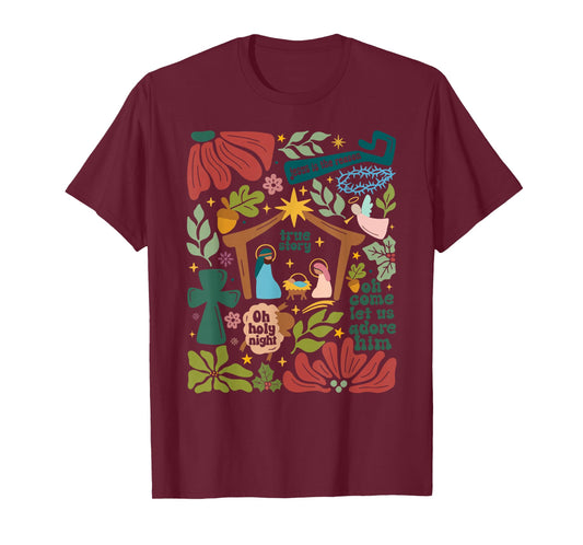 Oh Come Let Us Adore Him Boho Floral Nativity Christmas T-Shirt