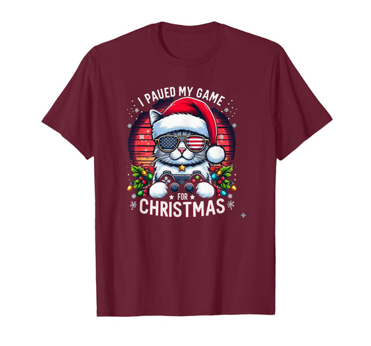 I Paused My Game for Christmas Cool Cat with USA Flag Shades T-Shirt