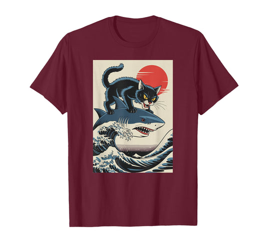 Cat Riding Shark Japanese Wave Ocean Sun Funny Cool T-Shirt