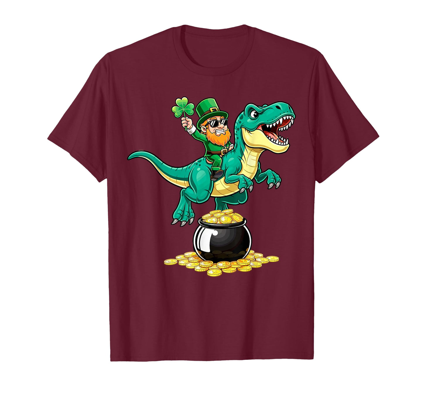 St.Patrick's Day Leprechaun Riding T-Rex Four Leaf Shamrock T-Shirt