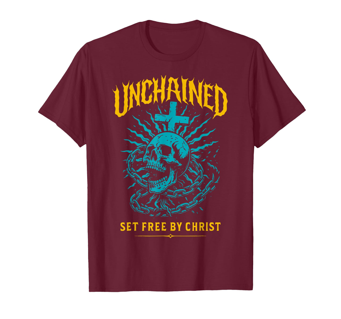 Unchained Set Free by Christ Christian Gothic Skull Cross T-Shirt