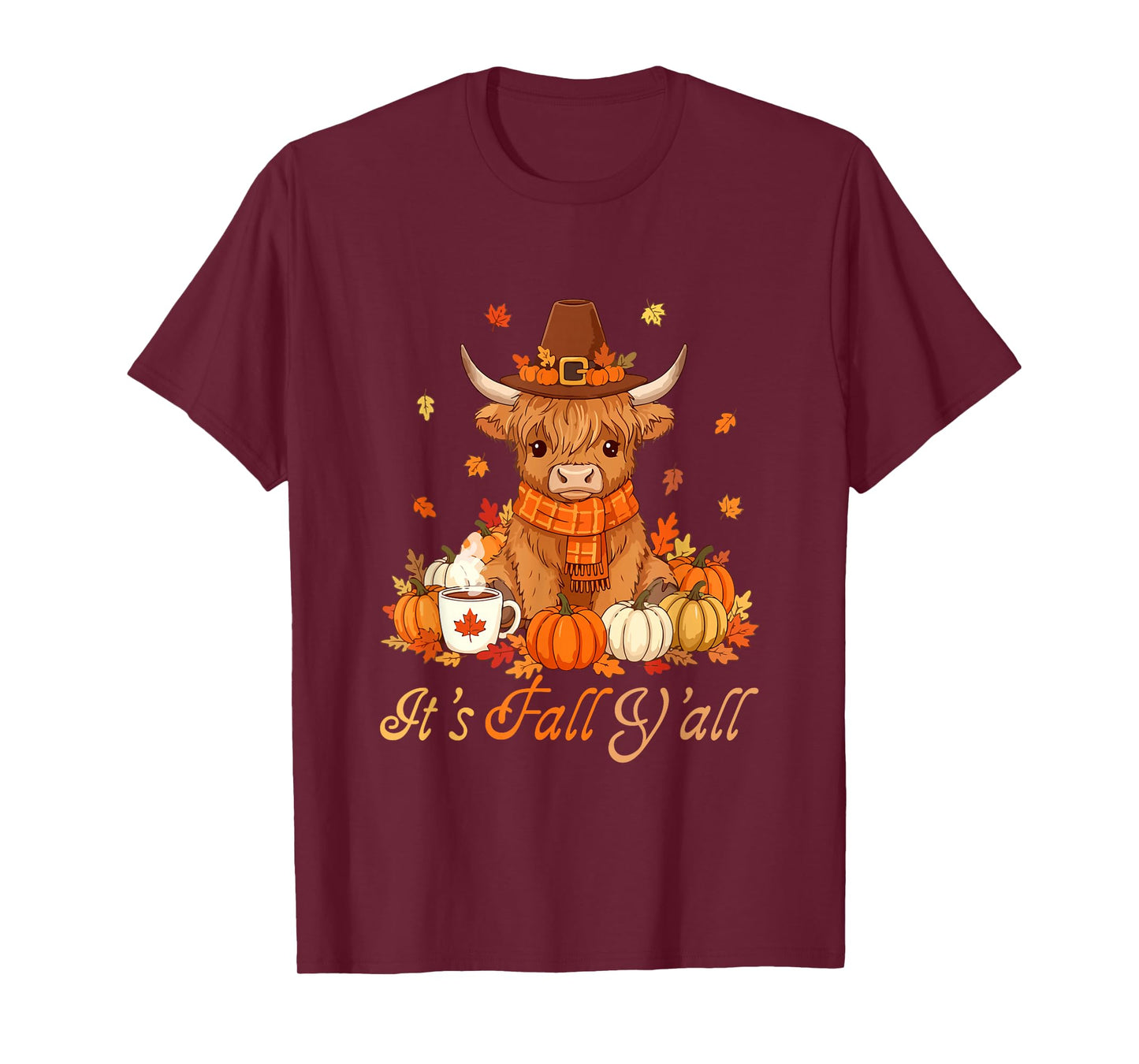 Fall Y'all Thanksgiving Highland Cow Autumn Leaves Pumpkins T-Shirt