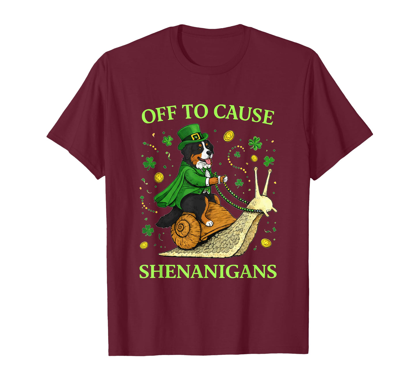 St Patricks Day Bernese Mountain Dog Riding Snail Shenanigan T-Shirt